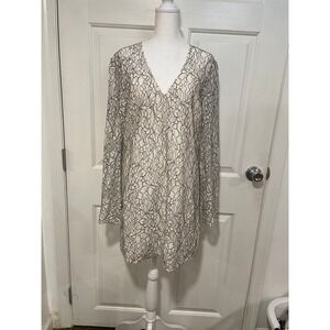 Boxy Shift Lace Mini Dress V Neck‎ Long Sleeve Party Date Black Cream L Loose